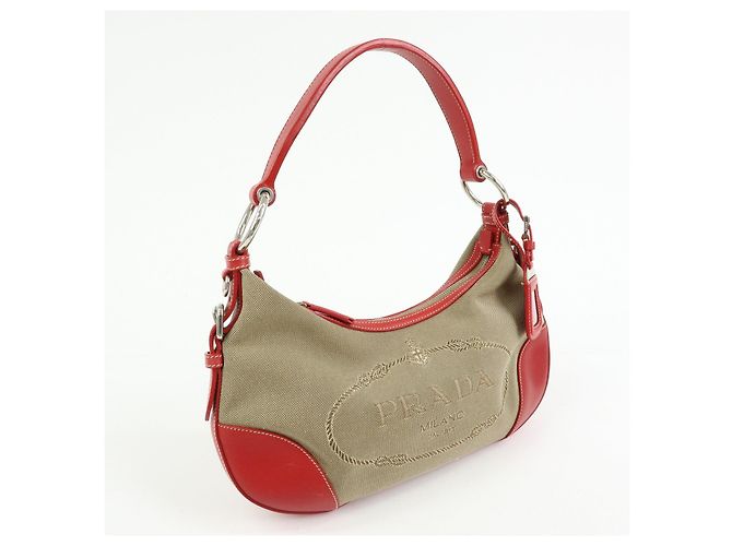 Bolsa de ombro e mala de mão em couro jacquard com logo PRADA Beige Red BR3429 - vista 4