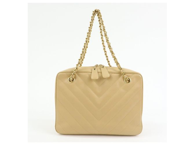 Borsa a tracolla con catena CHANEL Chevron COCO Mark in pelle d'agnello beige - vista 2