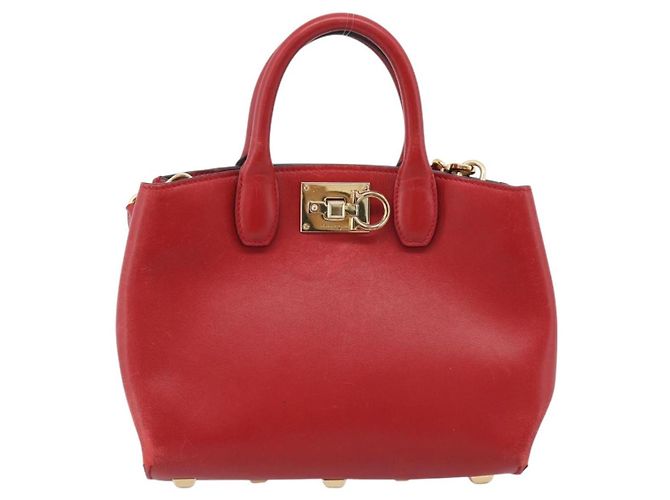Salvatore Ferragamo Gancini Studio Bag Leather 2way Red Gold Auth 208047A - Jerrillo - vista 2