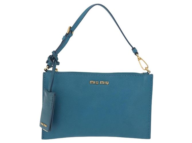 Miu Miu Madras Accessory Pouch Leather Light Blue Gold Auth 208282A - Jerrillo - vista 2
