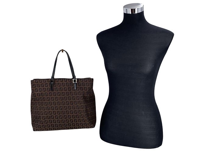 Fendi Borsa Tote Vintage in Canvas Zucchino Marrone e Nero e Pelle Nera - vista 2