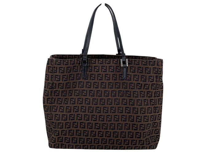 Fendi Borsa Tote Vintage in Canvas Zucchino Marrone e Nero e Pelle Nera - vista 3