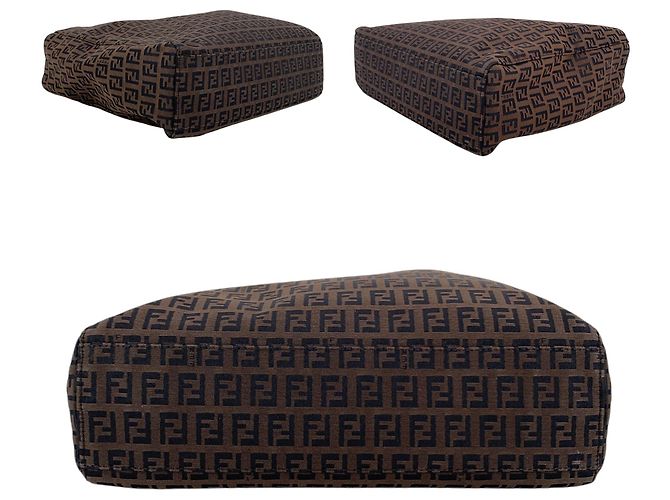 Fendi Borsa Tote Vintage in Canvas Zucchino Marrone e Nero e Pelle Nera - vista 4