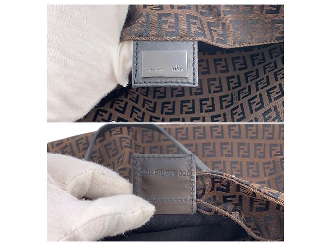 Fendi Borsa Tote Vintage in Canvas Zucchino Marrone e Nero e Pelle Nera - vista 6
