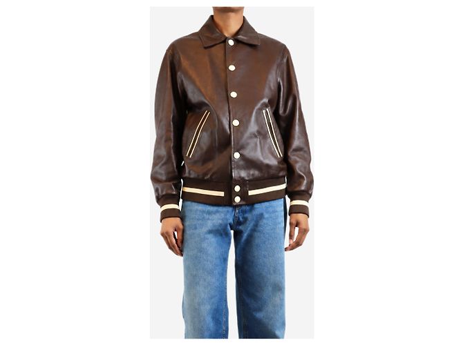 Céline Chocolate brown leather varsity jacket - size UK 8 - view 3