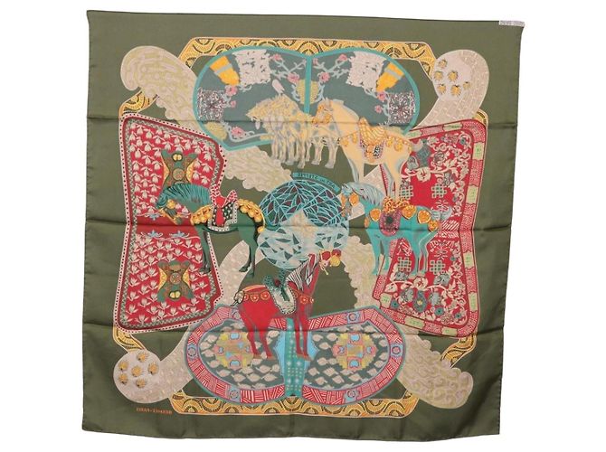 Hermès HERMES Carre 90 Scarf  ART des STEPPES  Silk Khaki - vista 12