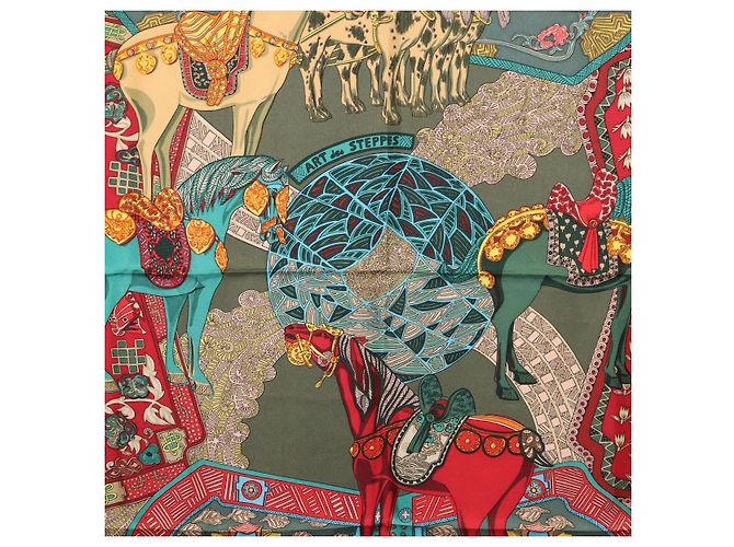 Hermès HERMES Carre 90 Scarf  ART des STEPPES  Silk Khaki - vista 6