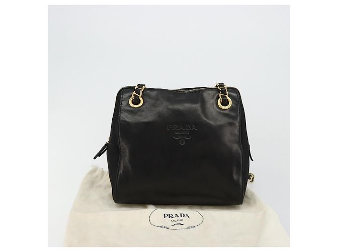 PRADA Bolsa de ombro com corrente em couro preto e dourado - vista 25