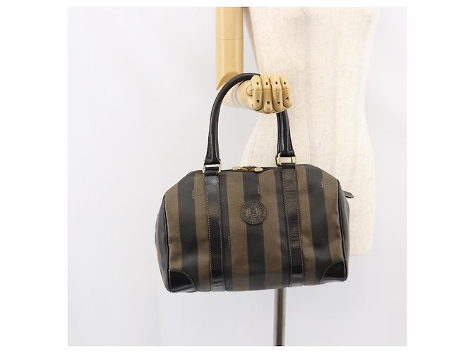FENDI Pecan Canvas Boston Bag PVC Black Brown gold - vista 22