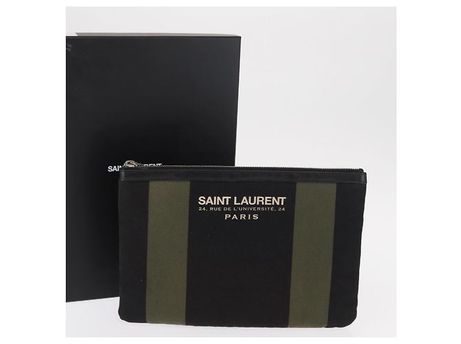 Autre Marque SAINT LAURENT Clutch Bag Canvas Leather Black Khaki Silver - vista 12