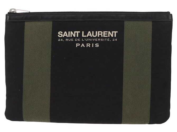 Autre Marque SAINT LAURENT Clutch Bag Canvas Leather Black Khaki Silver - vista 13