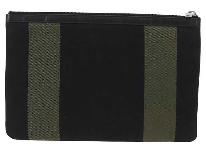 Autre Marque SAINT LAURENT Clutch Bag Canvas Leather Black Khaki Silver - vista 2