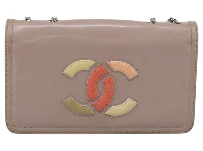 CHANEL Chain Shoulder Bag Patent Beige Silver CC - vista 13