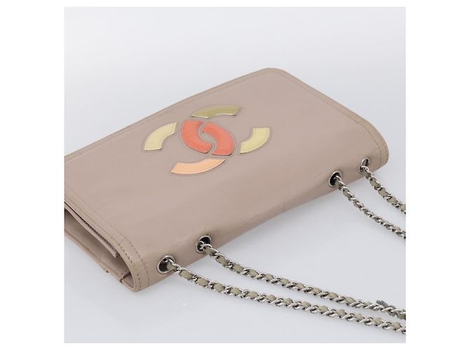 CHANEL Chain Shoulder Bag Patent Beige Silver CC - vista 6