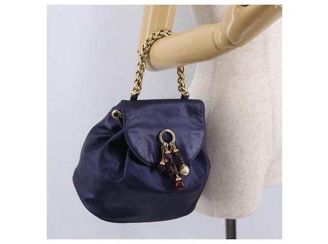 LOEWE Chain Hand Bag Leather Navy Gold - vista 25
