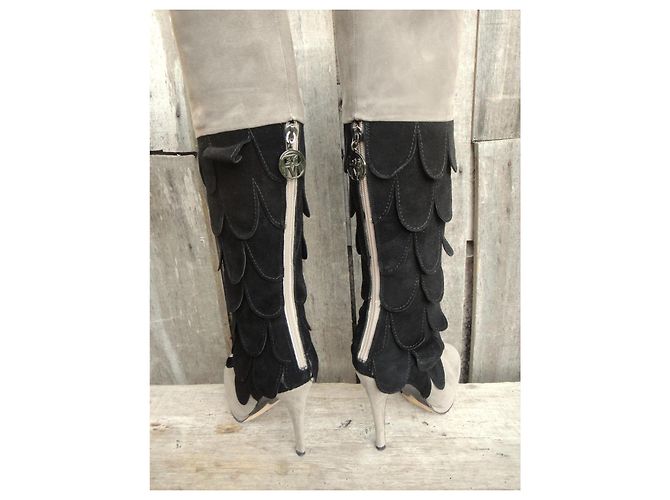 Autre Marque Sergio Rossi Wildlederstiefel Schwarz Grau - Ansicht 4