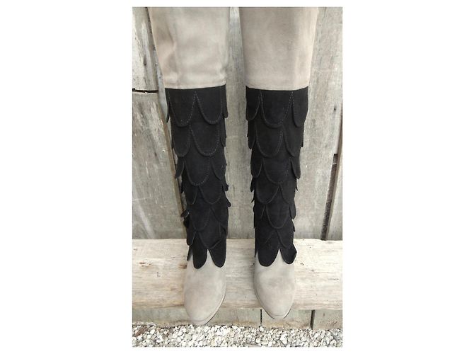 Autre Marque Sergio Rossi Wildlederstiefel Schwarz Grau - Ansicht 9