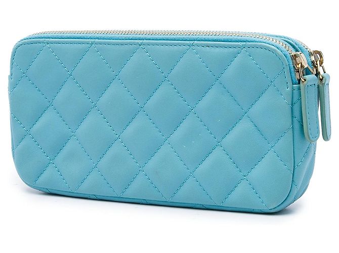 Wallet On Chain Portafoglio Chanel Blue CC in pelle di agnello con doppia zip e catena - vista 2