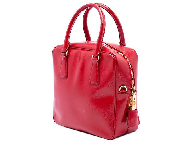 Prada Borsa Bauletto Quadrata Small in Saffiano Vernice Rossa - vista 2