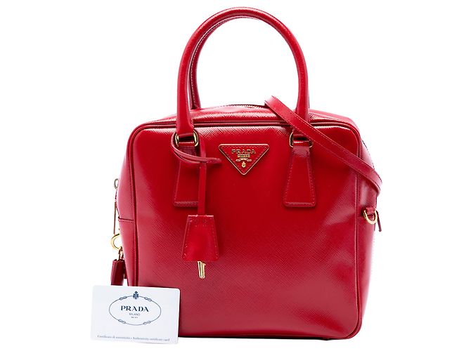 Prada Borsa Bauletto Quadrata Small in Saffiano Vernice Rossa - vista 7