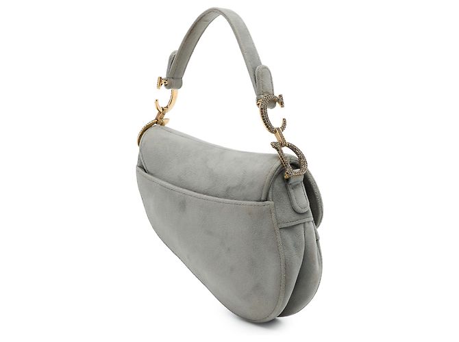 Mini Bolsa Saddle Dior em veludo cinza com ferragens adornadas com cristais - vista 2