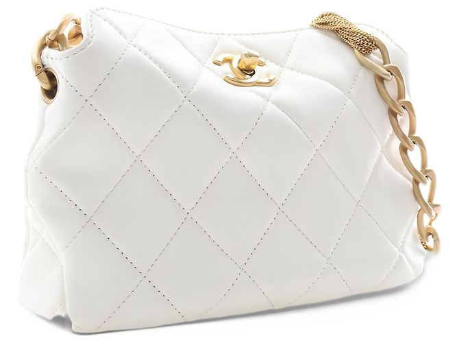 Chanel Borsa Hobo Piccola CC Matelassé in Pelle d'Agnello Bianca con Catena - vista 11