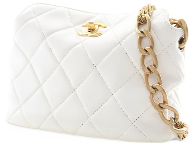 Chanel Borsa Hobo Piccola CC Matelassé in Pelle d'Agnello Bianca con Catena - vista 15