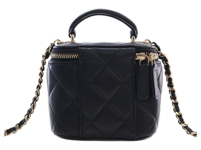 Chanel Mini Vanity Case CC Matelassé in Pelle d'Agnello Nera con Manico e Catena - vista 2
