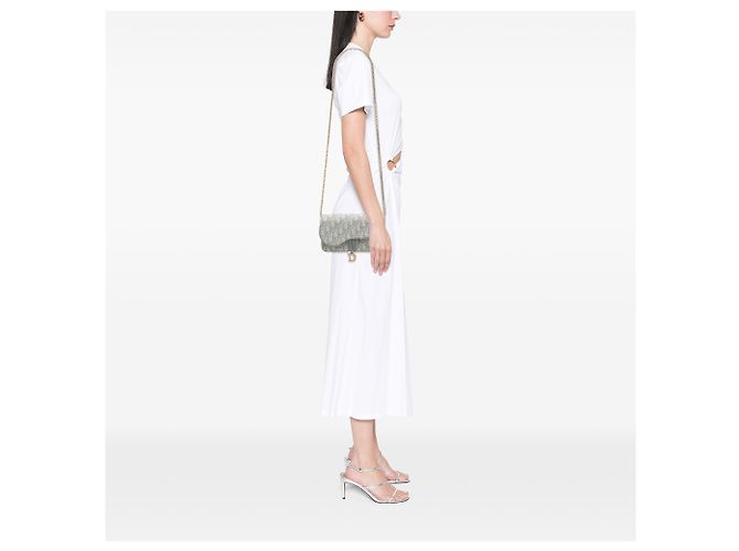 Cartera Saddle On Chain Dior Gray Oblique Canvas - vista 6