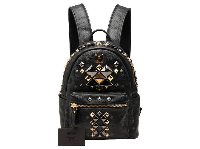 Zaino MCM Black Small Visetos Coated Canvas Studded Stark Brock - vista 7