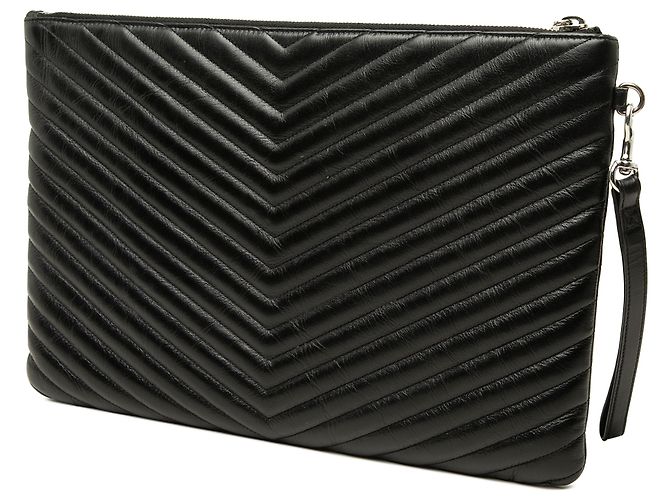 Autre Marque Portadocumenti Saint Laurent in pelle chevron nera con monogramma - vista 2