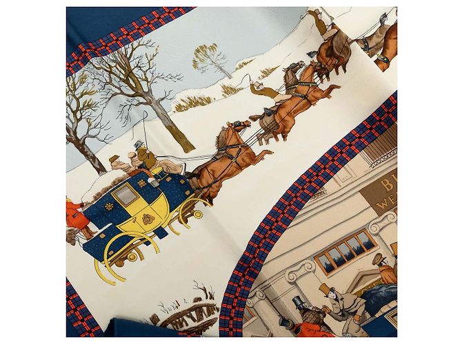 Lenço de seda Hermès Blue L Hiver En Poste 90 - vista 8