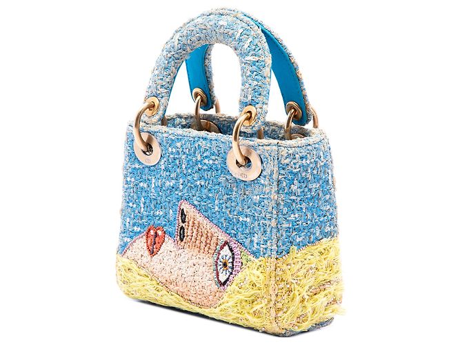 Dior Blue Limited Edition Brian Calvin Lady Art Mini Beaded Raffia Lady Dior - vista 2