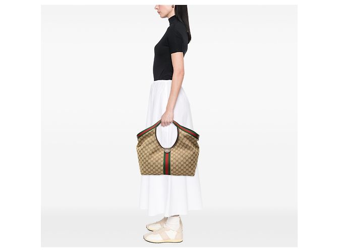 Borsa Tote Gucci Beige Large GG Canvas Web Giglio - vista 6
