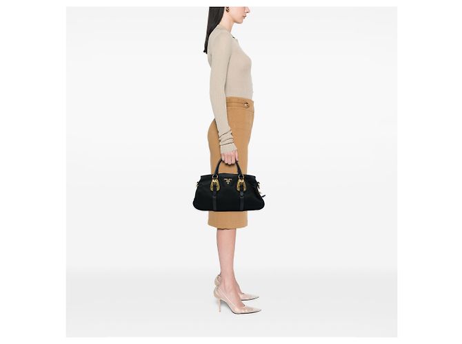 Mala Satchel Prada em Tessuto com acabamentos em couro de bezerro macio preto - vista 5