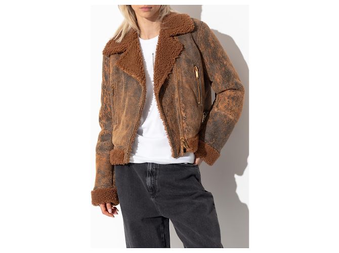 Alexander McQueen Lederjacke in Braun mit Pelzbesatz - Ansicht 3
