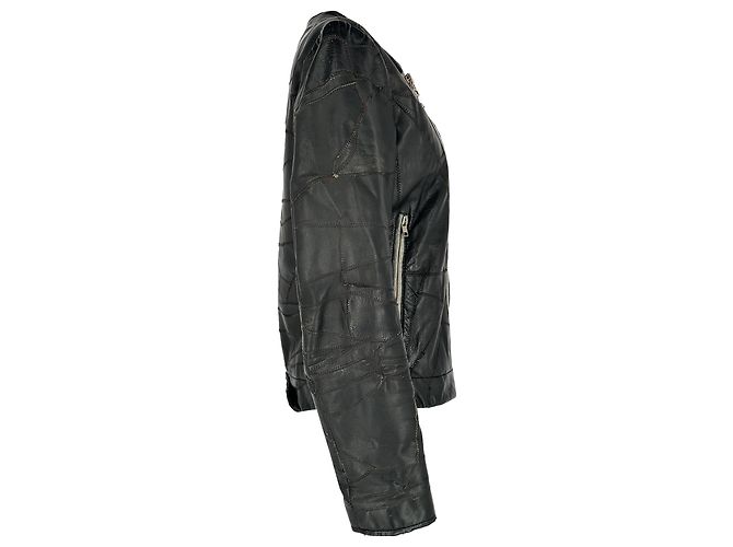 Acne Studios Patchwork Zip-Up Biker Jacket in Black Lamb Leather - view 2