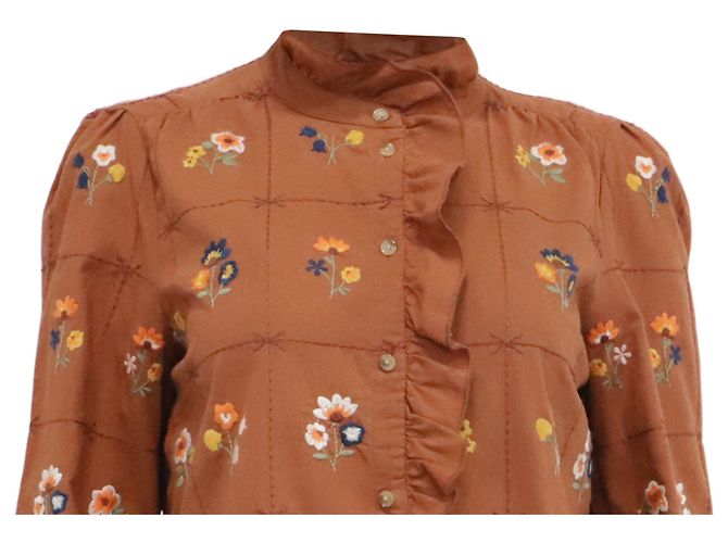 Camisa Sézane Chlo bordada con flores en algodón marrón - vista 2