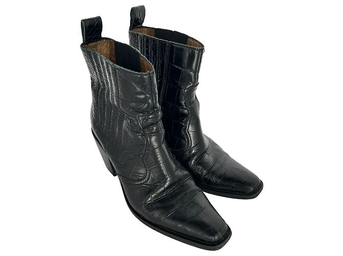 Botines Western Ganni con efecto cocodrilo en piel negra - vista 5