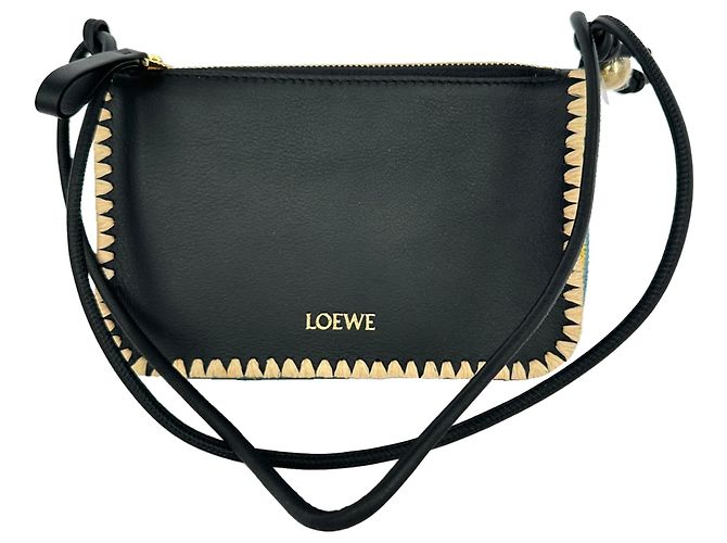 Borsa a pochette Loewe Rio in pelle di vitello nera con dettagli in rafia - vista 2