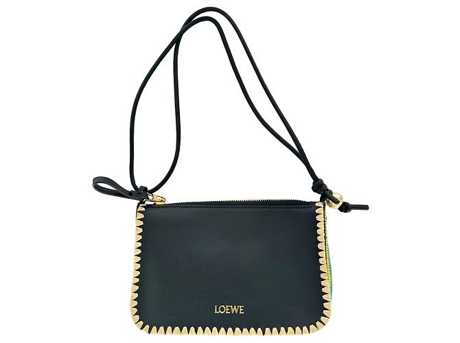 Borsa a pochette Loewe Rio in pelle di vitello nera con dettagli in rafia - vista 3