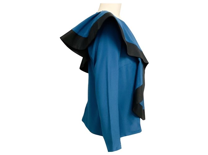 Blusa in seta a maniche lunghe con volant Givenchy Teal Blue / Black - vista 2