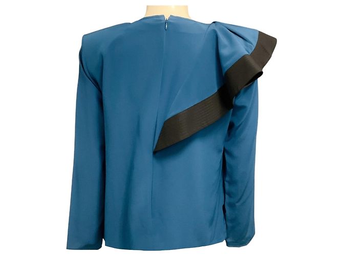 Blusa in seta a maniche lunghe con volant Givenchy Teal Blue / Black - vista 3