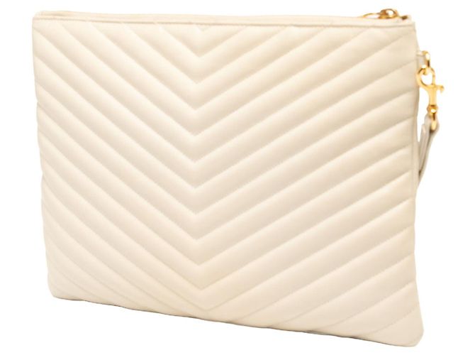 Autre Marque Borsa Clutch per Tablet Saint Laurent in pelle di vitello monogram chevron bianca - vista 2