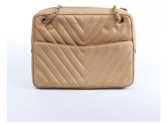 Borsa a tracolla Chanel Chevron in pelle con catena, Beige - vista 3