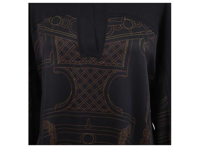 Túnica Caftán Hermès de seda negra con estampado "L'Enseigne du Sellier" - vista 4
