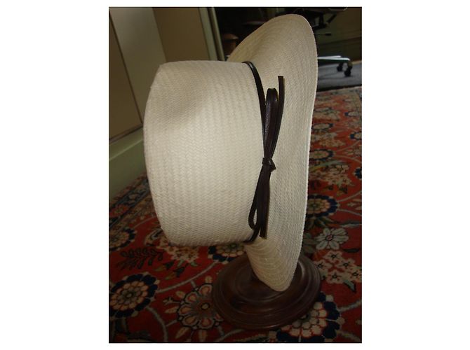 inconnue Weißer Stroh-Fedora mit braunem Band - Ansicht 6