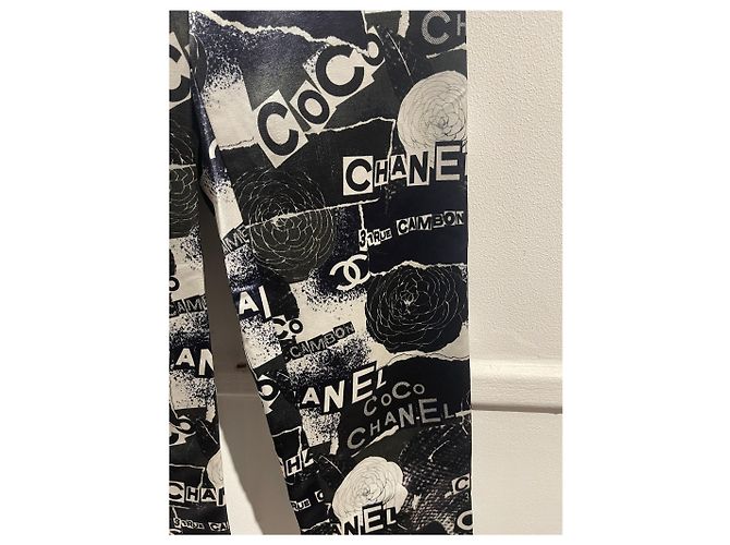 Pantalones Chanel con Estampado Graffiti Algodón Seda Blanco y Negro Talla S - vista 3
