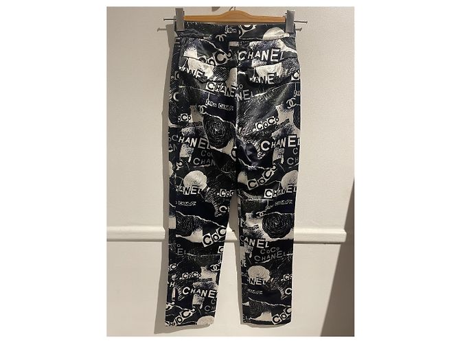 Pantalones Chanel con Estampado Graffiti Algodón Seda Blanco y Negro Talla S - vista 5