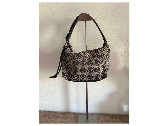 Loewe Anagram Hobo-Tasche Beige Jacquard-Canvas Schwarz Leder - Ansicht 3